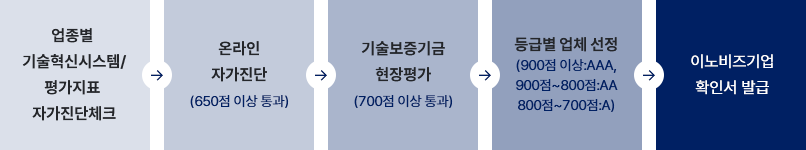 업종별 기술혁신시스텝 / 평가지표 자가진단체크 -> 온라인 자가진단 (650점 이상 통과) -> 기술보증기금 현장평가 (700점 이상 통과) -> 등급별 업체 선정 (900점 이상:AAA, 900점~800점: AA, 800점~700점: A) -> 이노비즈기업 확인서 발급